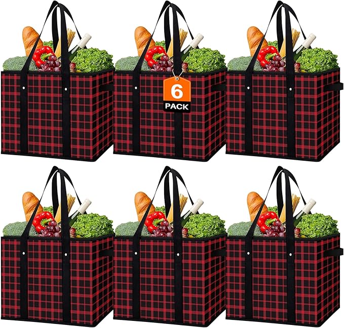 WISELIFE Reusable Grocery Bags 6 Pack,Large Grocery Tote Bag Water Resistant Shopping Bags Foldable Grocery Bag for Clothes,Shoes and Picnic,Red