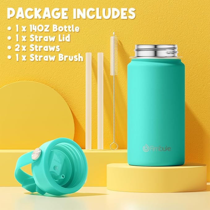 Fimibuke Kids Insulated Water Bottle, 14oz BPA FREE 18/8 Stainless Steel Travel Tumbler Double Wall Vacuum Leak Proof Kids Cup with Straw Metal Water Bottle for School Boys Girls(1 Pack, Turquoise)
