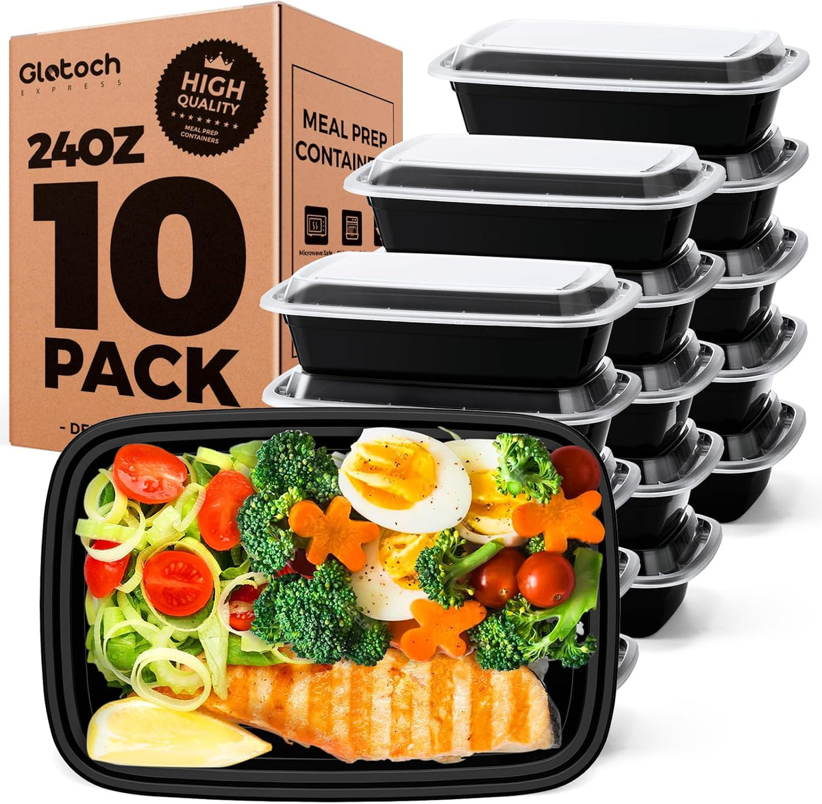 Glotoch Meal Prep Containers Reusable with Lids, 24oz 10 Pack (20-Piece) Food Storage Containers Microwave,Freezer,Dishwasher Safe, Leakproof & BPA Free Durable Plastic Bento Box To Go Take Out