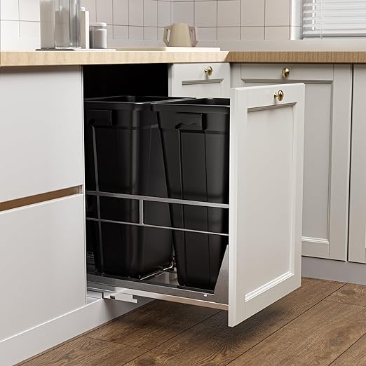 YJHome Pull Out Trash Can Under Cabinet with 2 * 10Gal Garbage, Cabinet Trash Can Pull Out Kit with Soft-Close Slides, Under Sink Trash Can with Door Mounting Kit for Minimum Opening 18" W