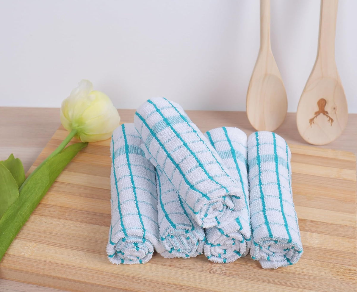 AMOUR INFINI Kitchen Dish Cloths Set of 8 - Ultra Soft, Highly Absorbent, Quick-Drying Terry Cotton Dishcloths 12"x12" Inch Wash & Cleaning Cloths for Kitchen & Dishwashing (Teal)