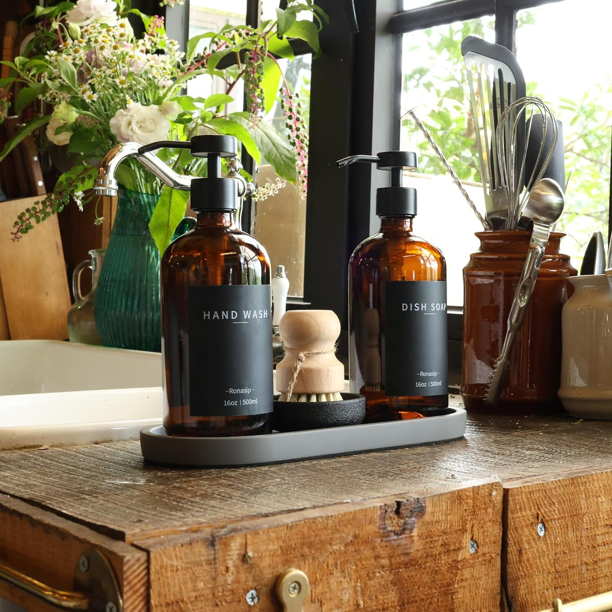 Set of 5 Kitchen Soap Dispenser Set 16 Oz Glass Hand Dish Soap Dispenser with Stainless Steel Pump, Cement Tray, Dish Scrub Brush for Farmhouse Rustic Home Bathroom Decor (Brown)