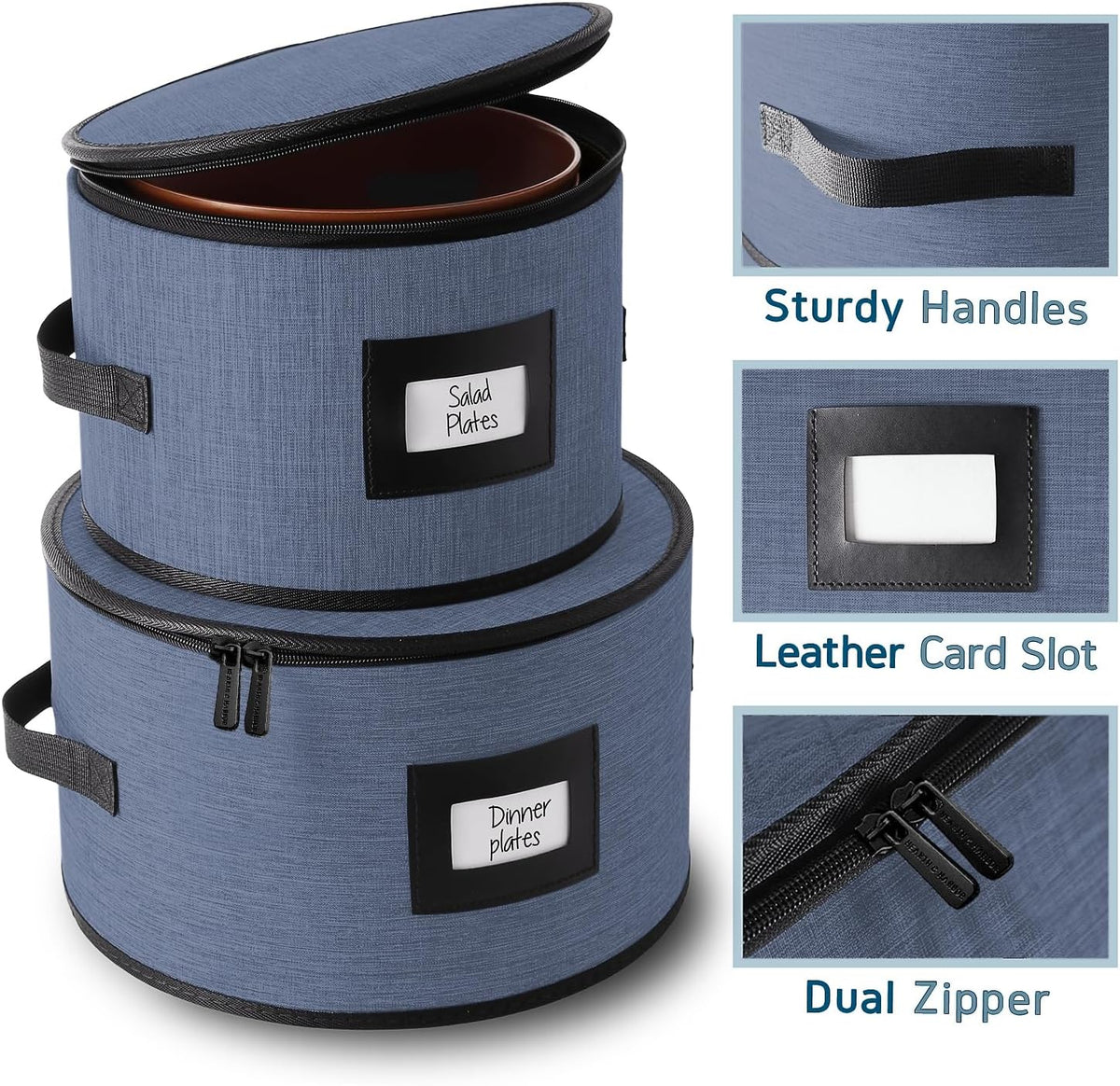 Fine China Storage Containers, 5 Piece Quilted Dish Storage Containers, Mug, Cup, and Plate Dish Organizer with Felt Dividers, Service of 12 Dinnerware Boxes for Moving, Seasonal Organization, Blue