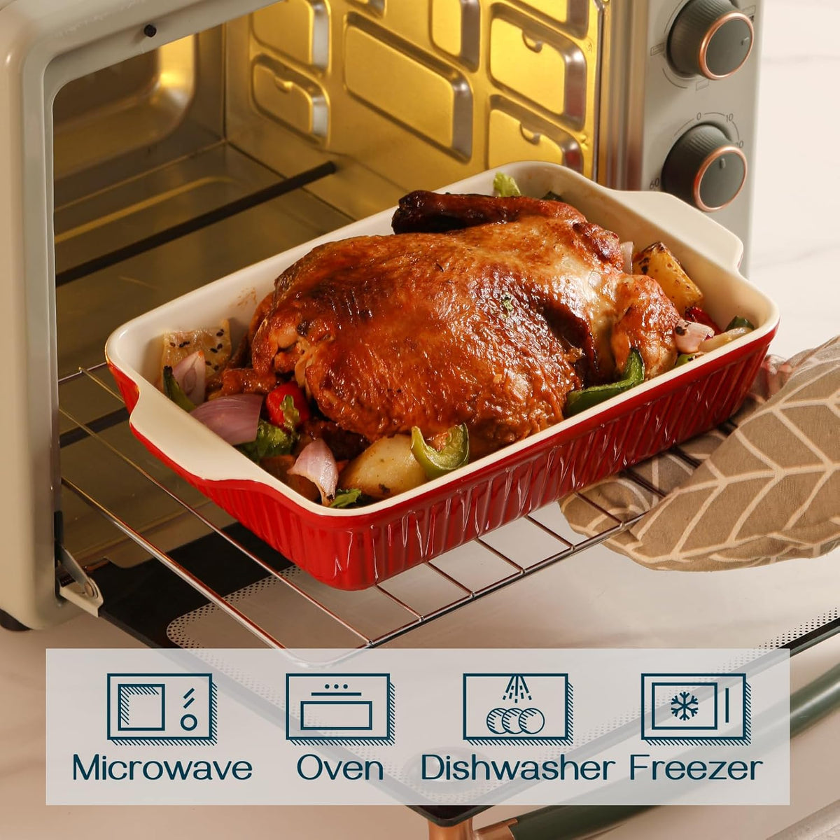 DOWAN Casserole Dishes for Oven, Set of 3 Rectangular Ceramic Baking Dishes, 135 oz Capacity, Red (15.6''/12.2''/8.9'')