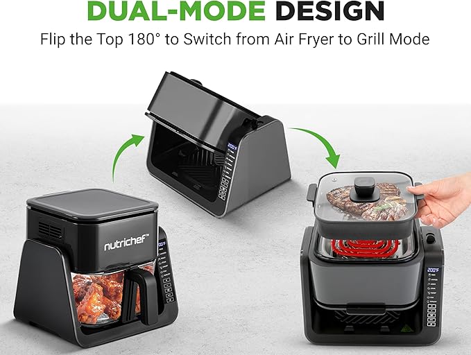NutriChef 4 QT Air Fryer & Grill | 7-1 Preset Cook Modes | Transparent Fry Bowl for Best Cooking Results | Cook Shrimp, Steak, Fries, Wings & More | 4 QT Glass Air Fryer & 1.2 QT Grill | Black