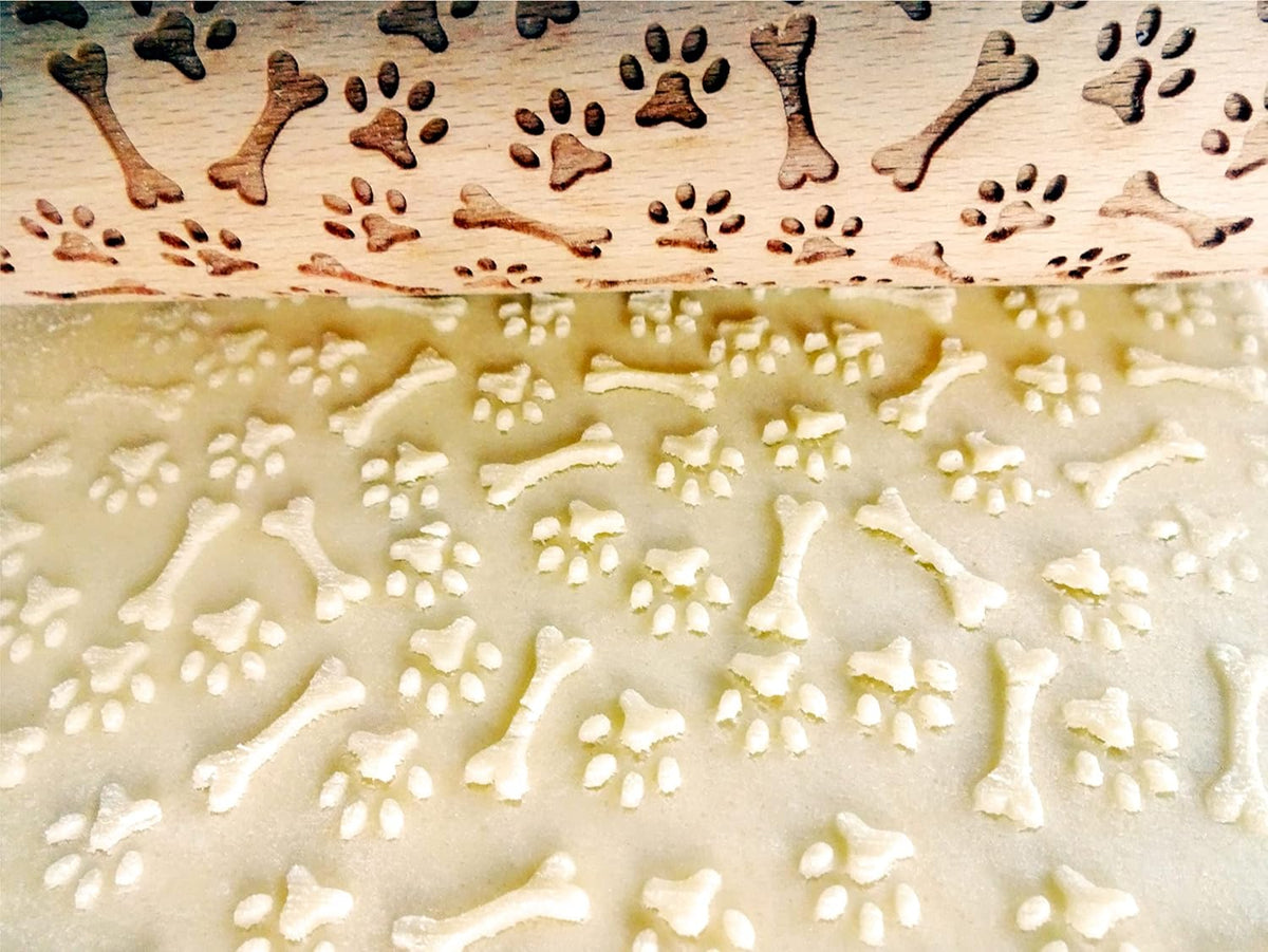 PAW and BONE EMBOSSING ROLLING PIN LASER ENGRAVED PATTERN with PAWS and BONES for EMBOSSED COOKIES or PASTA