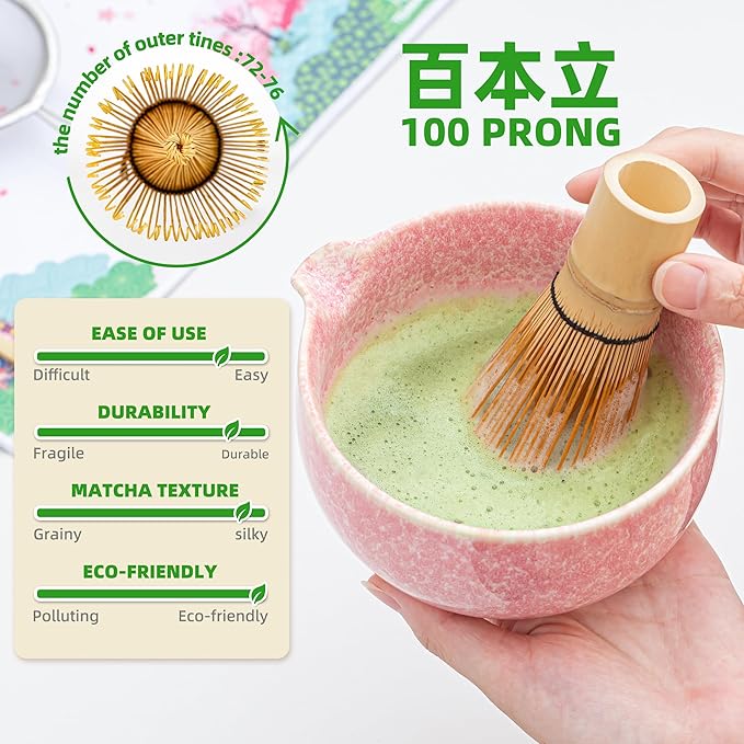 TEANAGOO Matcha Whisk Set,7 Pcs Matcha Set Pink,Ceremony Matcha Kit,Matcha Tea Set for Making Latte,Ceramic Bowl(chawan) whith Spout and Whisk,Gift for Matcha Lovers