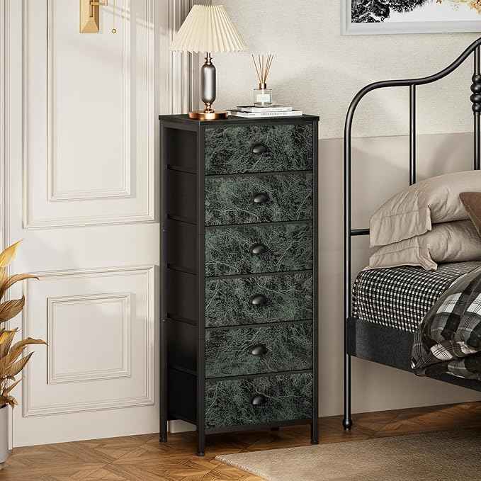 Furnulem Vertical Dresser for Bedroom,Tall Storage Tower Unit and Chest with 6 Drawers,Vintage Green Nightstand Furniture with Fabric Drawer Organizer in Dorm, Living Room,Closet,Entryway,Hallyway