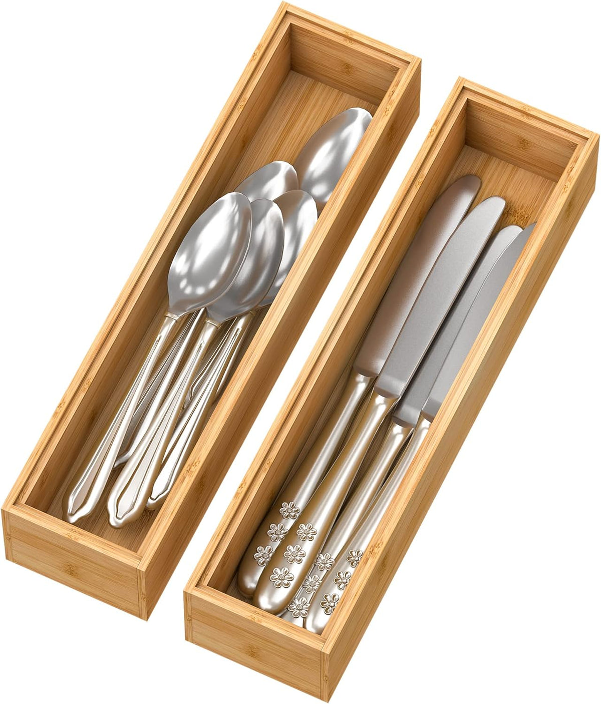 Bamboo Kitchen Drawer Organizer, Stackable Silverware Tray Utensil Organizer Cutlery Holder for Kitchen,Wooden Storage Box for Bathroom, Multi-Use Storage Bins Dividers for Office(12x3x2.5 inch）