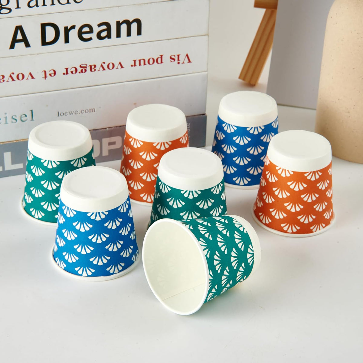 JollyPack 1200 Pack 3 oz Disposable Bathroom Paper Cups, Small Mouthwash Cups in Orange, Blue, and Green, Great for Candy, Biscuits, Bathroom Use, Parties, Picnics, and Travel