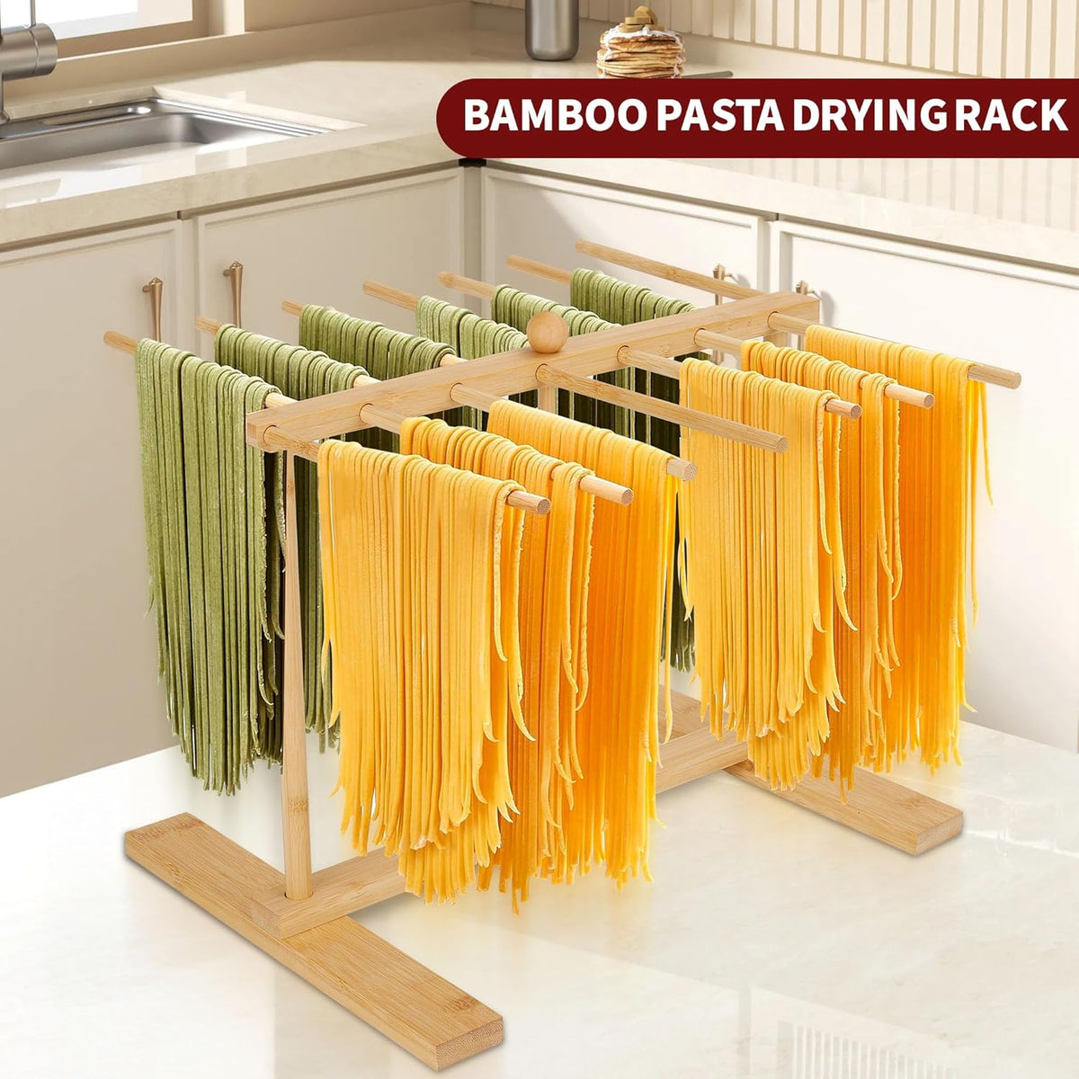 CycForge Bamboo Pasta Drying Rack with 14 Rods & Transfer Wand - Large Capacity Collapsible Stand for Fresh Homemade Spaghetti, Foldable Space Saving Storage
