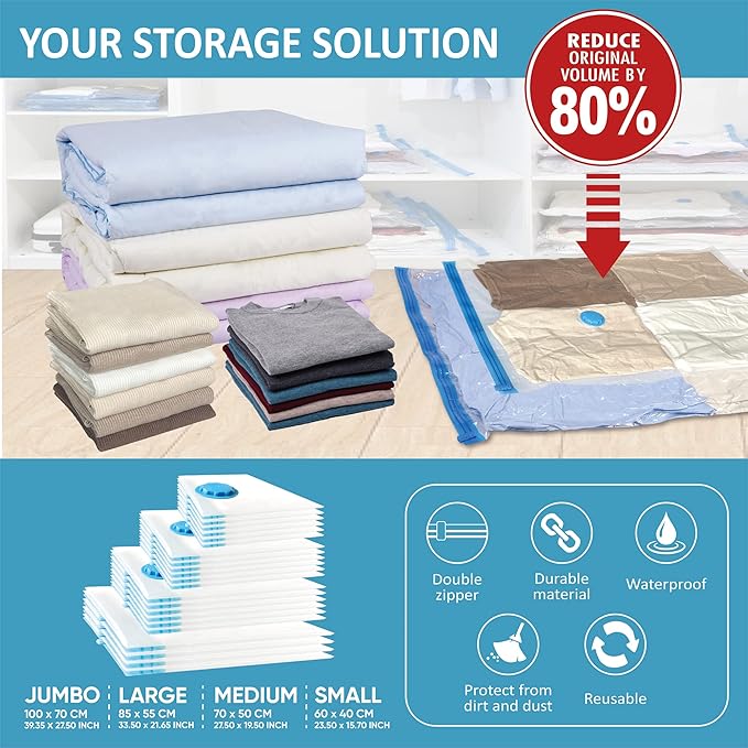22 Vacuum Storage Bags with Hand Pump, 80% Space Saver Vacuum Seal Storage Bags for Clothing, Travel Lugggage, Blankets, Comforters