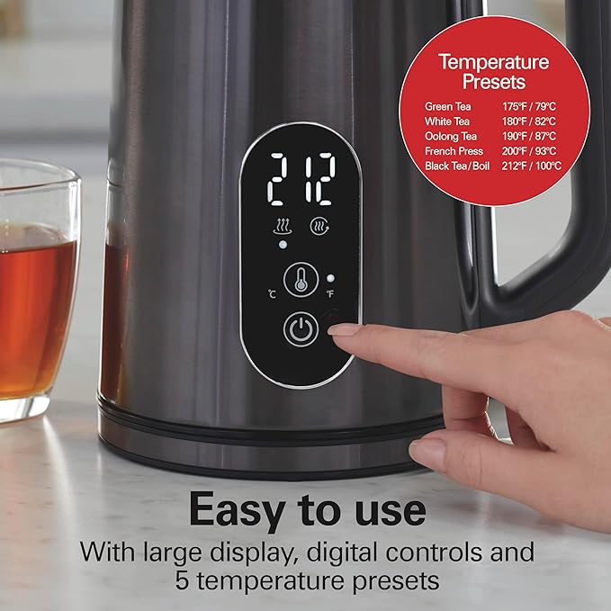 Hamilton Beach Digital Temperature Control Electric Tea Kettle, Hot Water Boiler & Heater 1.7L, 5 Preset Modes + Keep Warm, Fast Boil 1500 Watts, BPA Free, Double Wall Construction, Black (40851)