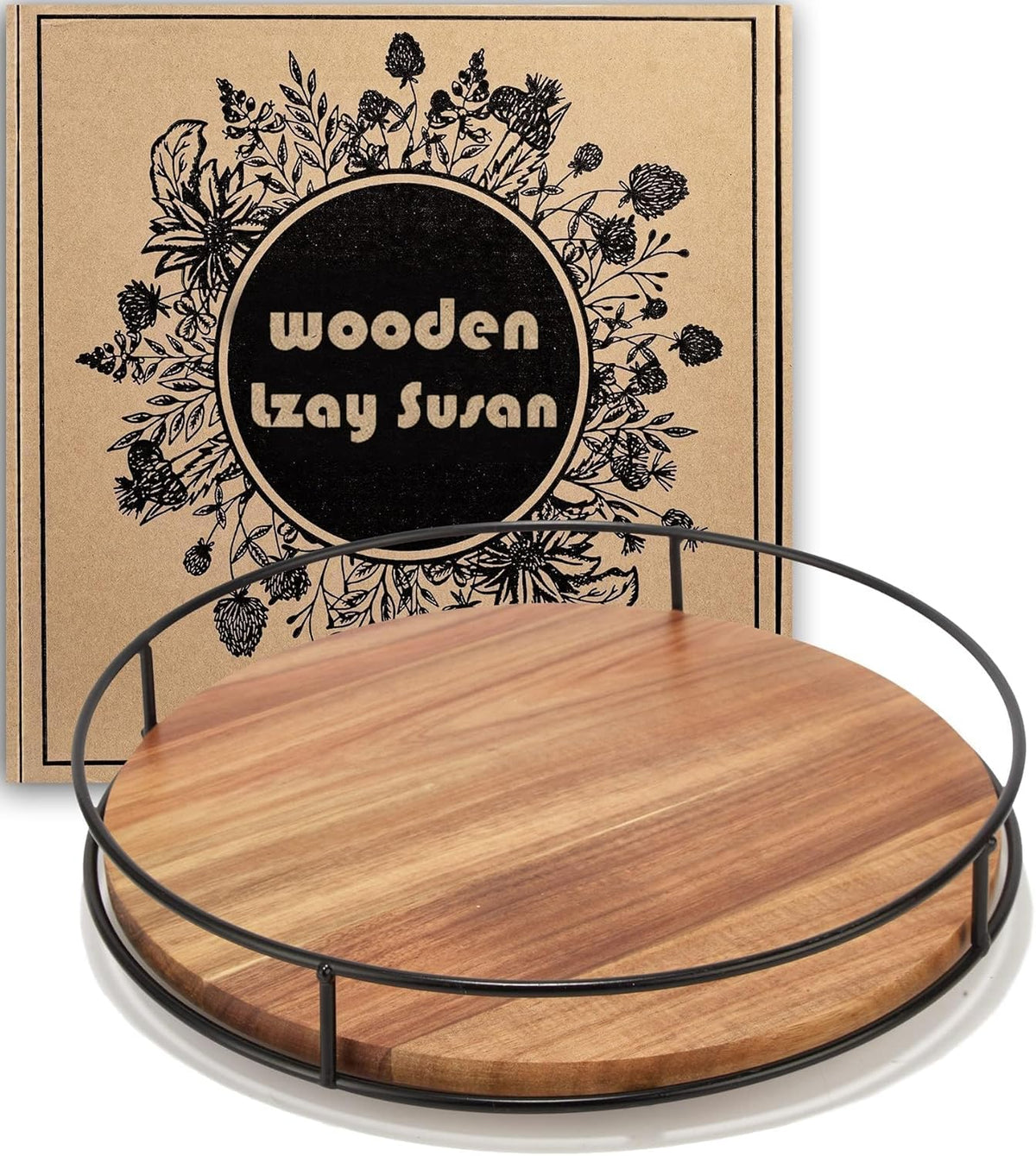 12" Acacia Wood Lazy Susan Turntable, Tomoaza Kitchen Organizer Turntable with Steel Sides, 360 Degree Lazy Susan for Countertop Cabinet or Dining Table(Black)