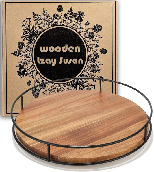 12" Acacia Wood Lazy Susan Turntable, Tomoaza Kitchen Organizer Turntable with Steel Sides, 360 Degree Lazy Susan for Countertop Cabinet or Dining Table(Black)