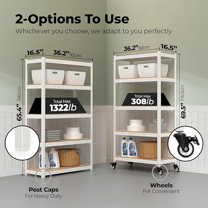 HOMEDANT House White 5-Tier Metal Rolling Cart Shelf Rack Casters Heavy Duty Wheel Shelving Unit Adjustable Utility Storage Shelves Organizer Shelf Kitchen Garage 36.2" W x 16.5" D x 69.5" H 4Pack