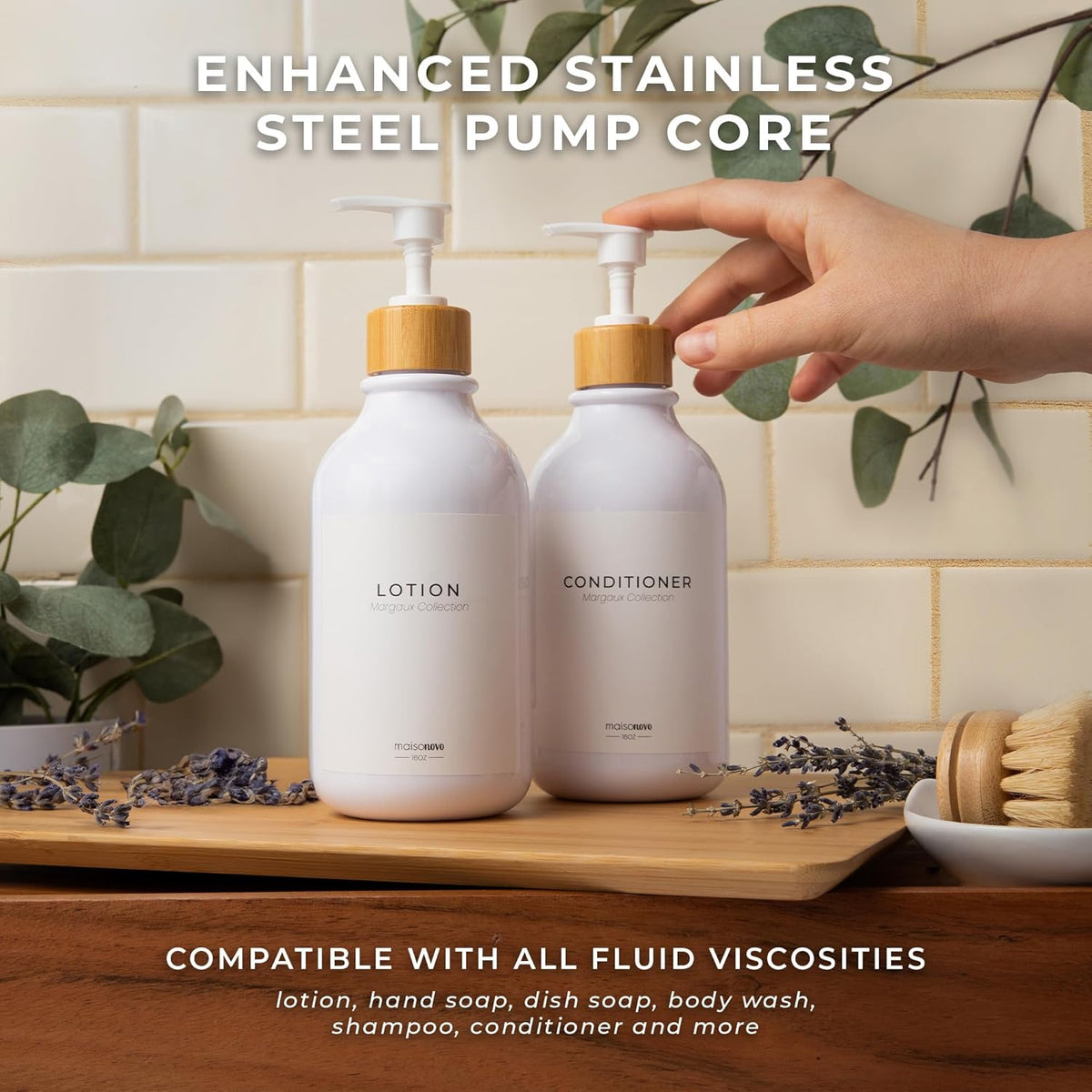 Maisonovo Plastic Soap Dispenser Set | Hand Soap and Dish Soap Dispenser Set | 16.9oz Amber Bottles with Black Bamboo Pump | Bathroom Lotion Dispenser with Pump Set of 2