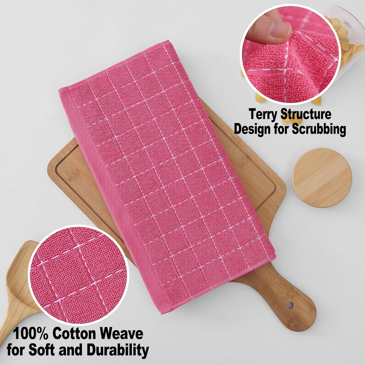 Homaxy 100% Cotton Terry Kitchen Dish Cloths, Ultra Soft and Absorbent Dish Towels for Kitchen, Suitable for Drying and Washing Dishes, 6 Pack, 12 x 12 Inches, Rose Red