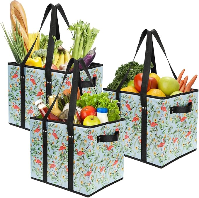Foraineam Reusable Grocery Bags Set Durable Heavy Duty Tote Bag Collapsible Grocery Shopping Box Bag with Reinforced Bottom