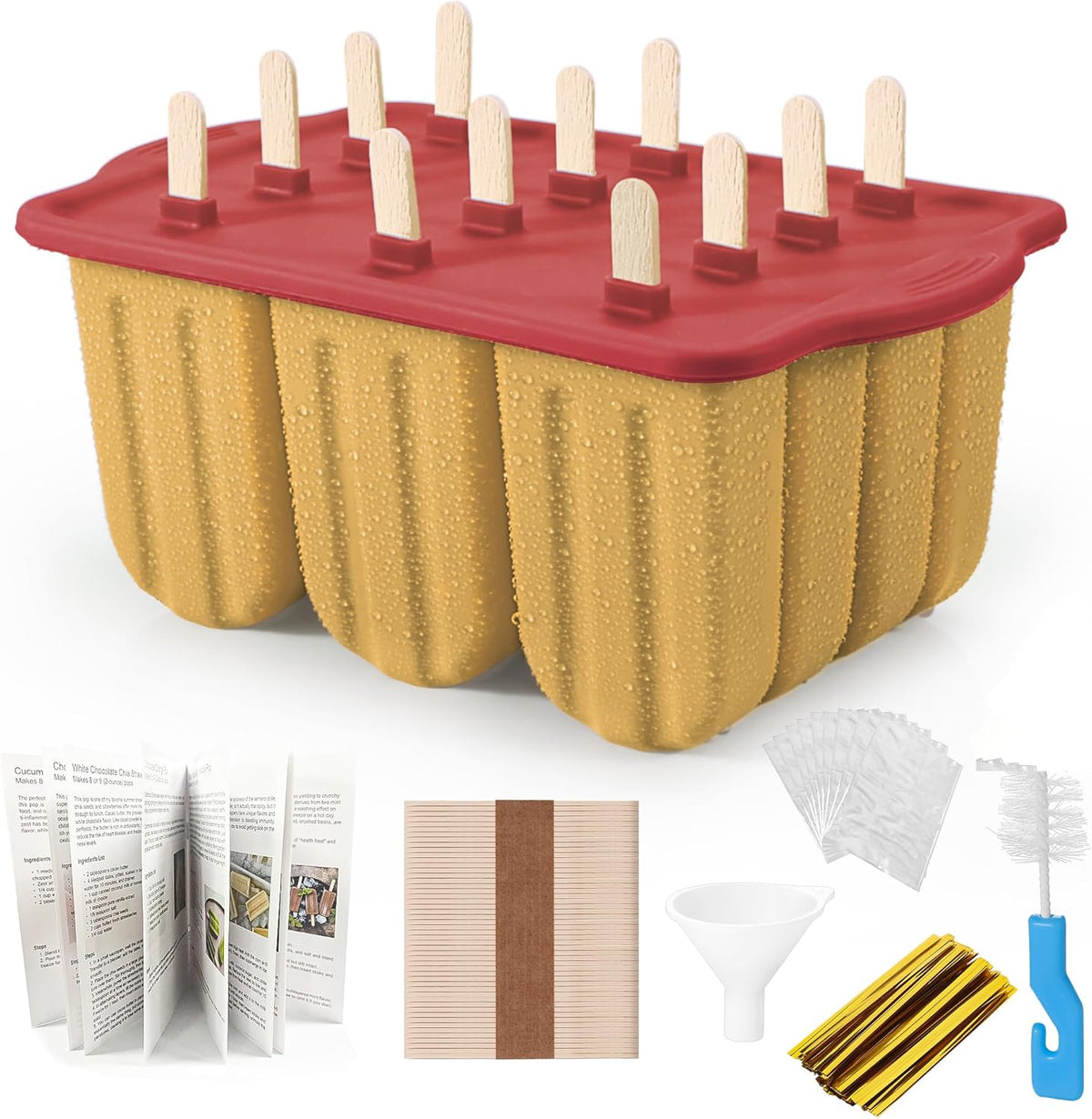 Silicone Popsicles Molds,Ice Pop Cream Mold Set Homemade Toddler Popsicle Maker For Kids Para Paletas De Helado Kulfi BPA Free, with 50 Sticks, 50 Bags,50 wire Ties (Red yellow)