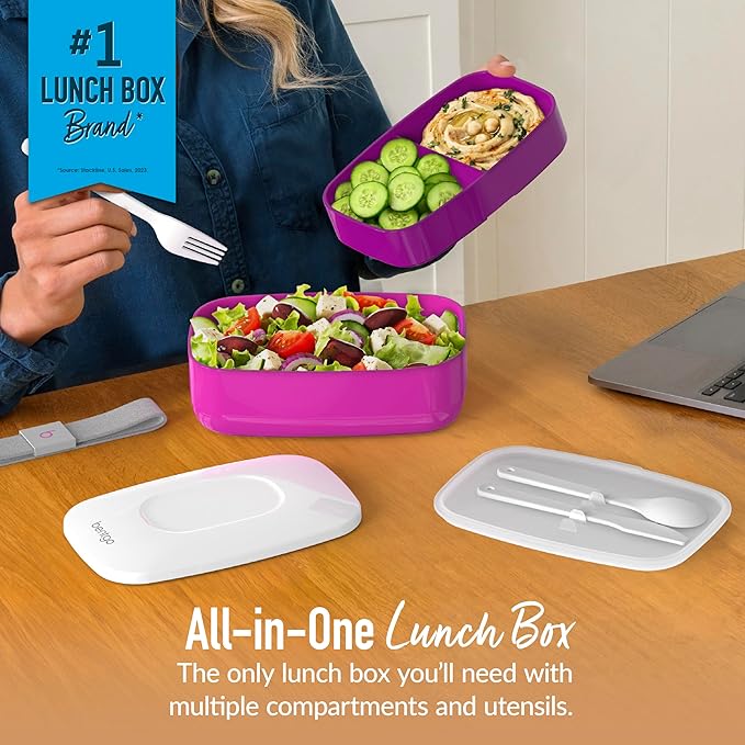 Bentgo Classic - Adult Bento Box, Stackable 3-Compartment Lunch Box with Removable Utensil Set and Sealing Strap, BPA-Free, Food Container Ideal for Meal Prep, Work, and On the Go (Purple)