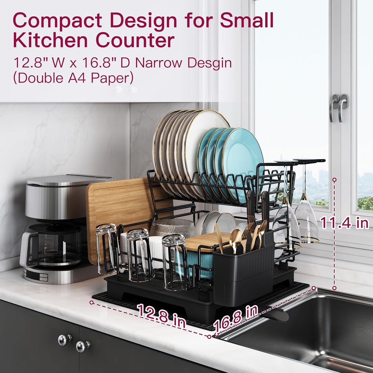 BOOSINY 2 Tier Black Large Stainless Steel Dish Drainers Drying Rack for Kitchen Counter with Drainboard, Rust Proof Metal, Space Saving, Modern Aesthetic, Compact Plates Strainers with Extra Mat