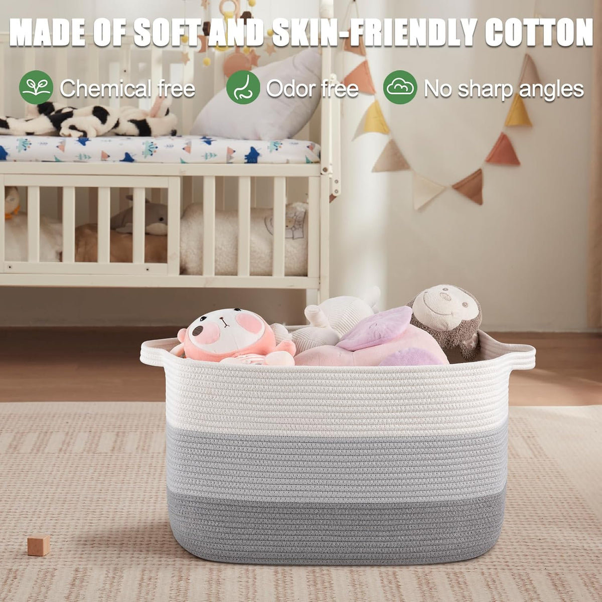65L Large Storage Basket, Cotton Rope Woven Blanket Basket, Toy Storage for Baby Room, Living Room, Gradient Grey