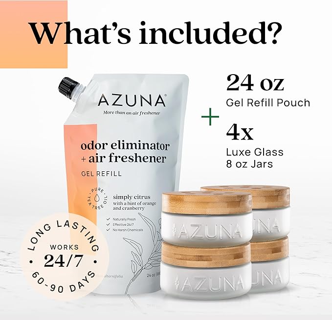 Azuna Air Freshener & Odor Eliminator for Strong Odor | 4 Room Kit Includes (4) Empty Luxe Glass Jar & 24oz Gel Refill with Tea Tree Essential Oil | Simply Citrus | Last 60-90 Days