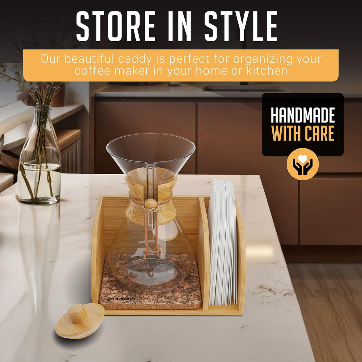 HEXNUB – Caddy and Lid for Pour Over Coffee Maker, Bamboo Stand fits Chemex, Bodum, Cosori Coffee Carafes, Heatproof Mat, Filter Holder for Drip Coffee Maker - Cork Mat