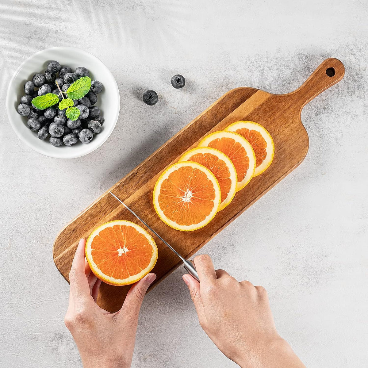 Wood Cutting Board with Handle, Long Acacia Serving Board Wooden Cheese Board Charcuterie Boards Wood Board for Food Bread Fruit 16.1x4.7x0.6 Inch