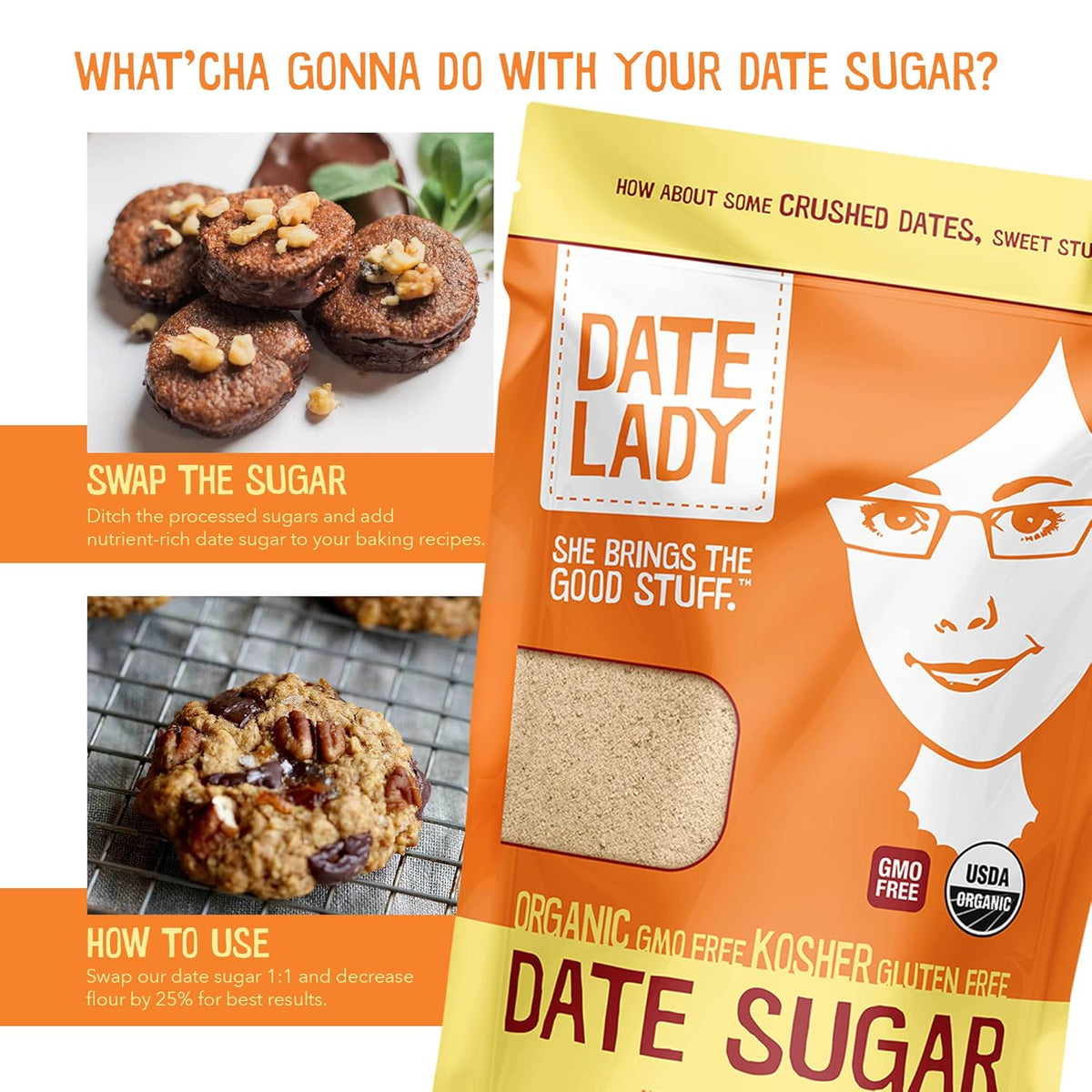 Date Lady Date Sugar, 1 lb, Organic | 100% Whole Food | Vegan, Paleo, Gluten-free & Kosher | Sugar Substitute and Alternative Sweetener for Baking | Will Not Dissolve in Your Coffee (2 Bags)