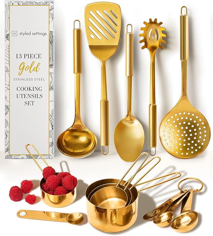 Gold Cooking Utensils with Measuring Cups and Spoons Set - 13-Piece Luxury Gold Kitchen Accessories Includes Metal Measuring Cups and Spoons for Baking, Cooking, and Elegant Kitchen Decor