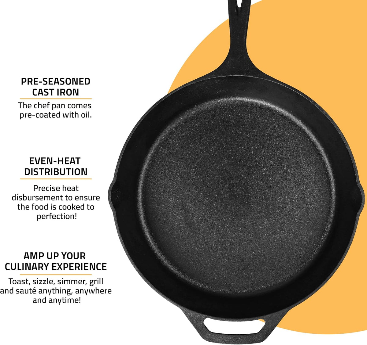 Utopia Kitchen Cast Iron Frying Pan 10.25 Inch, Cast Iron Chefs Pan, Pre Seasoned Skillet, Safe Grill Cookware for Indoor & Outdoor Use, Black