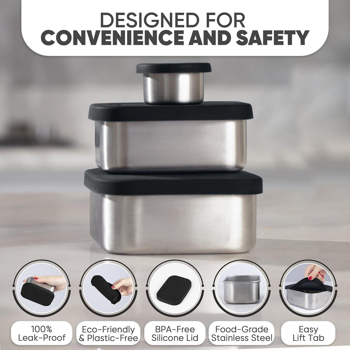 Flexibento - Leak proof Stainless Steel Bento Box | Stainless steel Snack Containers | Food Containers with Silicone Lids | Metal Food Containers| Bentobox - Black, 52 Oz Set (set of 5)