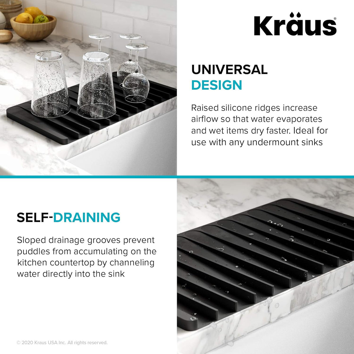 Kraus Self-Draining Silicone Dish Drying Mat or Trivet for Kitchen Counter in Black, KDM-10BL