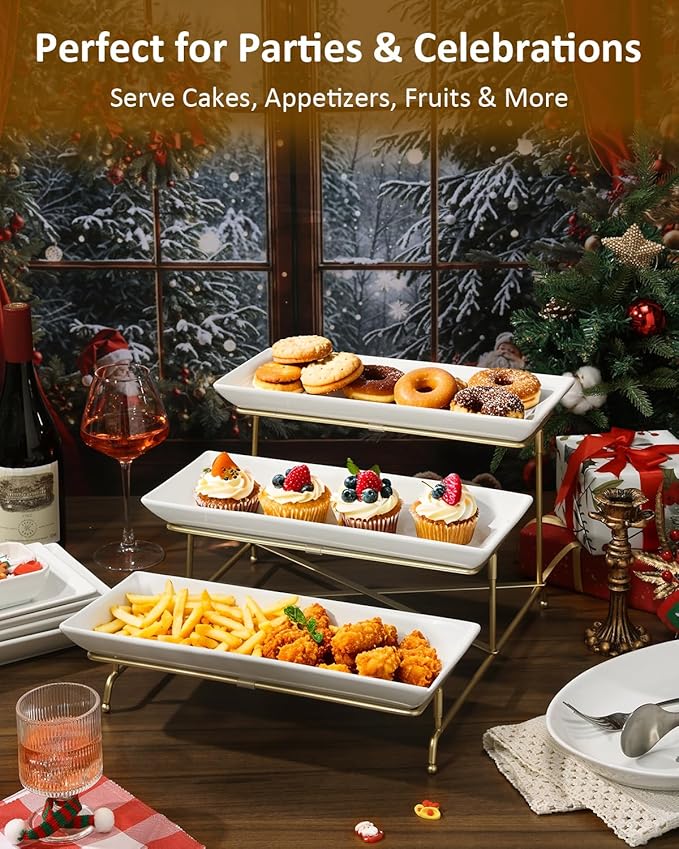 Yedio 3 Tier Serving Tray Set 14 Inch Porcelain Tiered Serving Platters, Collapsible Sturdier Stand with Stable Cross Bars, Three Layer Serving for Party Entertaining Food Display Fruit Dessert