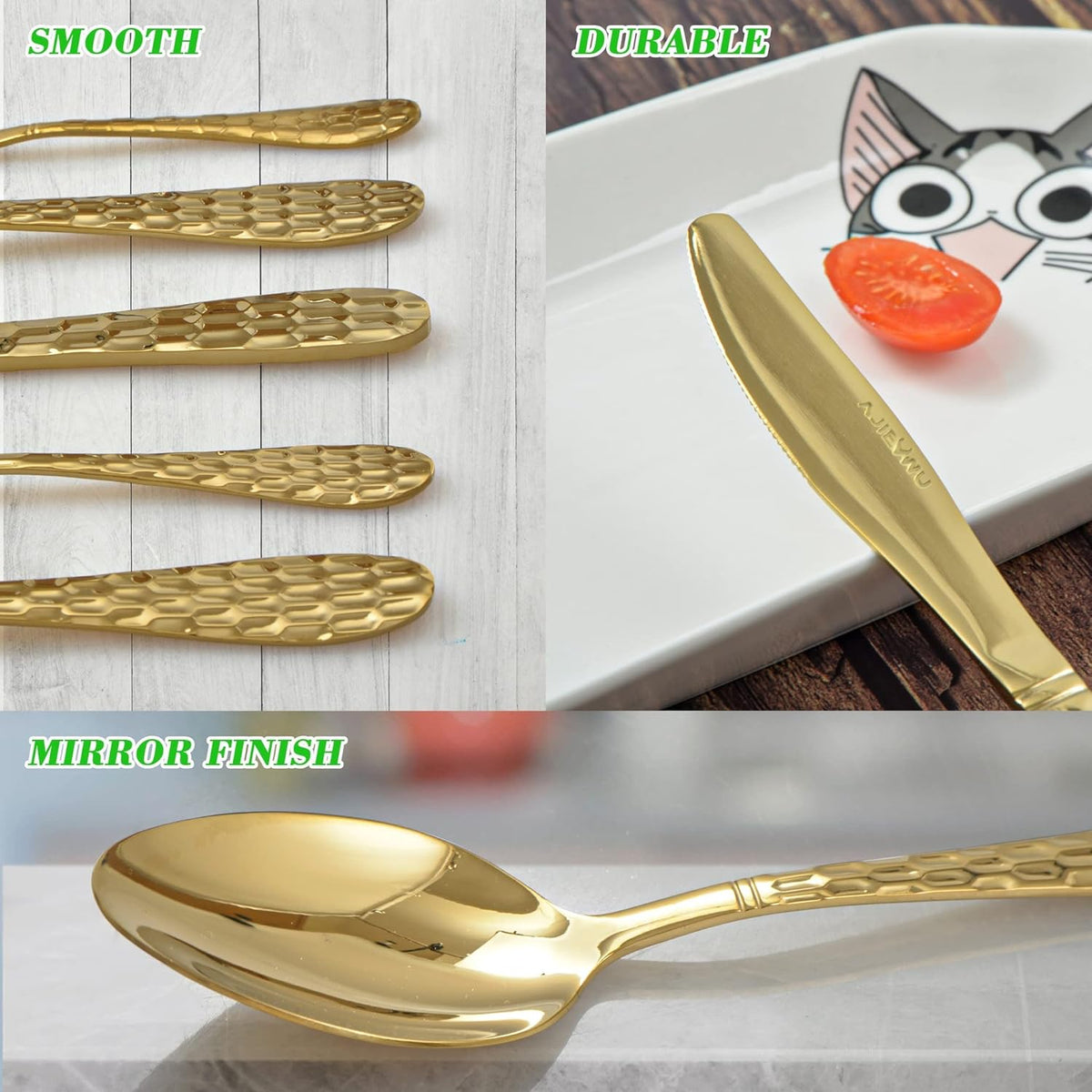 20 Piece Silverware Set for 4, Hammered Silverware Set 18/10 Stainless Steel Tableware Cutlery Flatware Spoons and Forks Set for Home Kitchen Restaurant, Unique Utensils Set Dishwasher Safe (Gold)