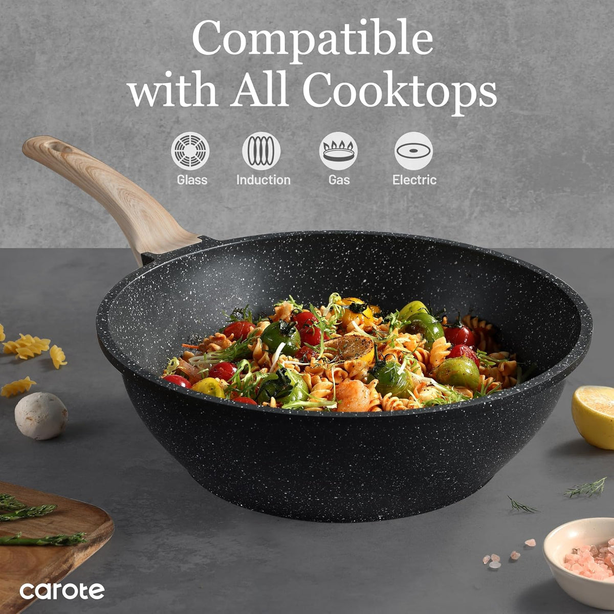 CAROTE Non Stick Wok with Lid 12''/5.3QT Woks & Stir-fry Pans Nonstick Granite Wok Pan Induction Cookware Deep Frying Pan, Compatible with All Stovetops