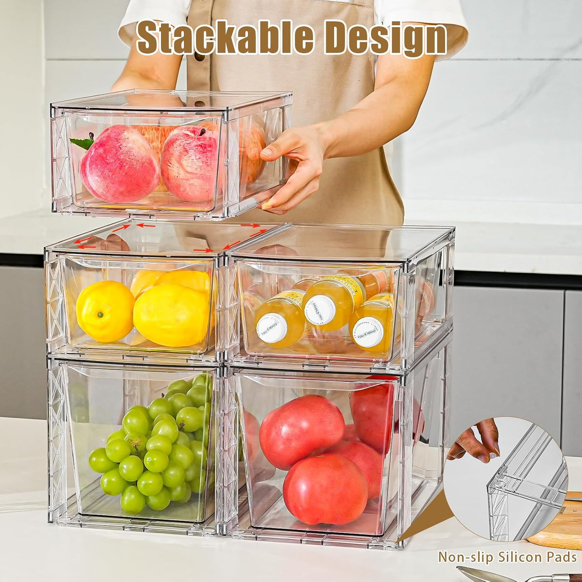 8Pack Stackable Kitchen Storage Organizer, Pantry Organizers and Storage, Clear Foods Organizer Bins with Handles, Easily Assemble for Bathroom, Kitchen, Pantry, Cabinet, Closet