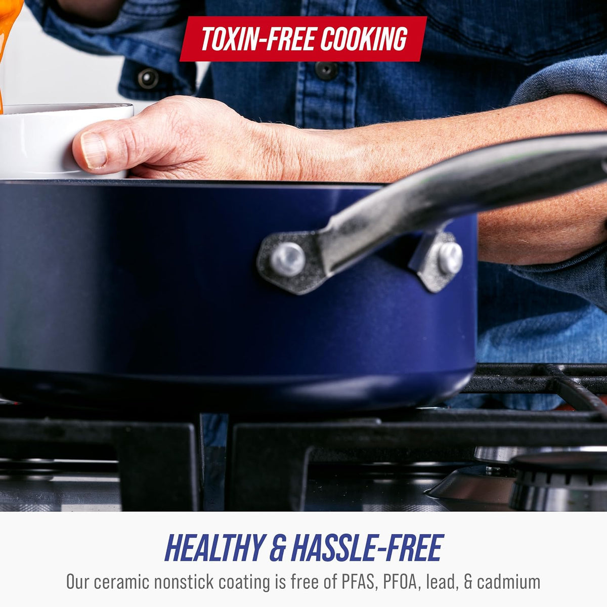 Blue Diamond Nonstick 2QT Saucepan with Lid, Non Toxic PFAS-Free Diamond Ceramic, Dishwasher & Oven Safe, Metal Utensil Safe Pot, Stay Cool Handle, Chef Pan, Glass Lid, Blue