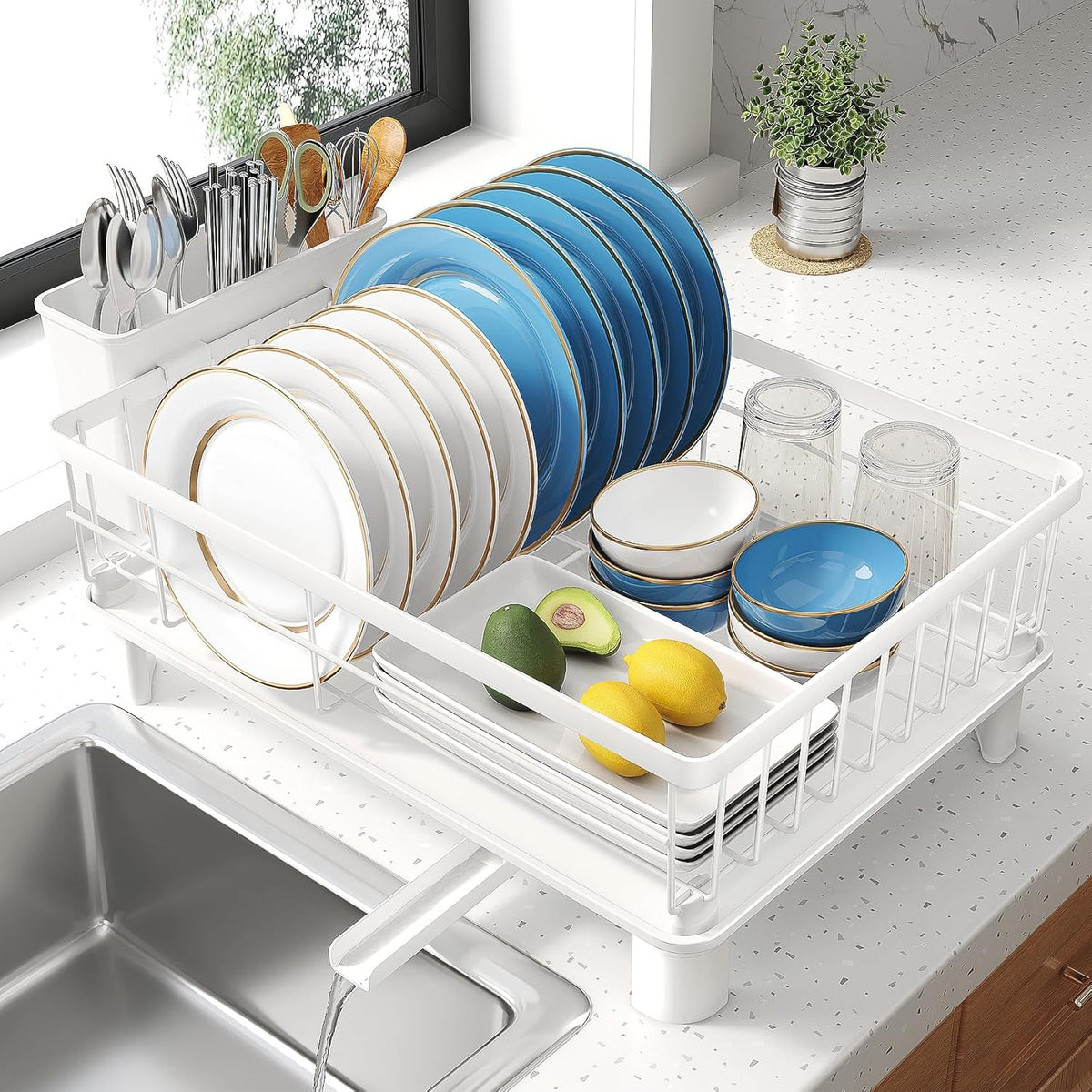 Dish Drying Rack - Small Dish Rack for Kitchen Counter, Stainless Steel Dish Drainer with Utensil Holder and Drainboard (White)
