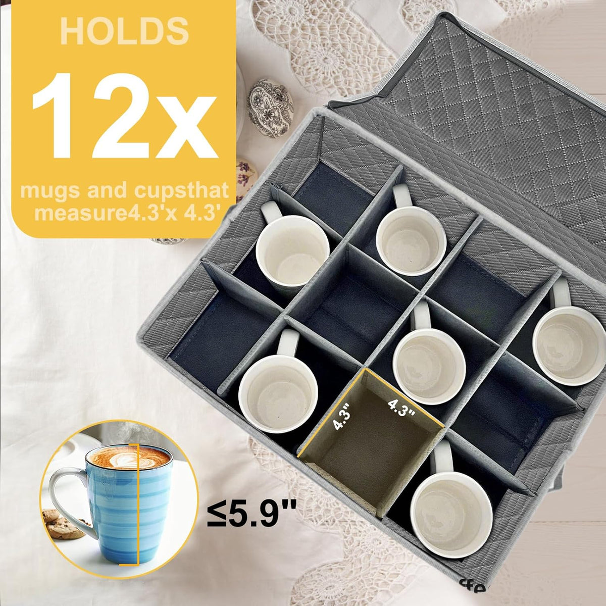 Coffee Mug Storage Box with Dividers, Durable China Storage Containers for Coffee Mugs, Tea Cups Storage Organizer with Lid, Handles, Label Window, Holds 12 Mugs, Hard Shell and Stackable (Grey)
