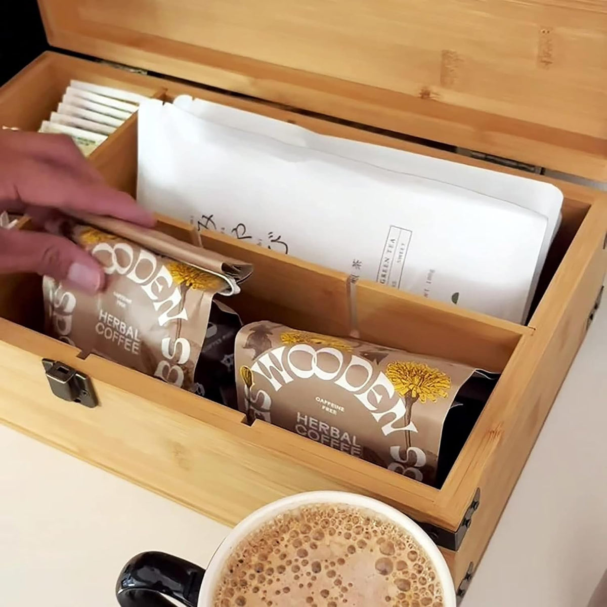Bamboo Tea Organizer Box Chemical Free Eco-Friendly Big, Tall, Adjustable Cubbies Natural Wooden Storage Chest (Tea Time, 6-Slot 11" x 8.1" x 4.2")