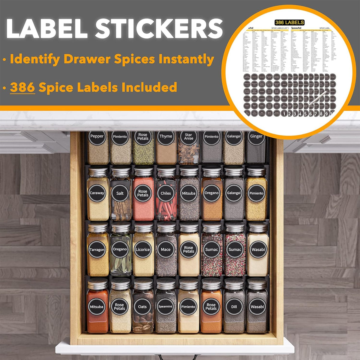 SpaceAid Spice Drawer Organizer with 32 Spice Jars, 386 Spice Labels, 4 Tier Seasoning Rack Tray Insert for Kitchen Drawers, 15" Wide x 17.5" Deep