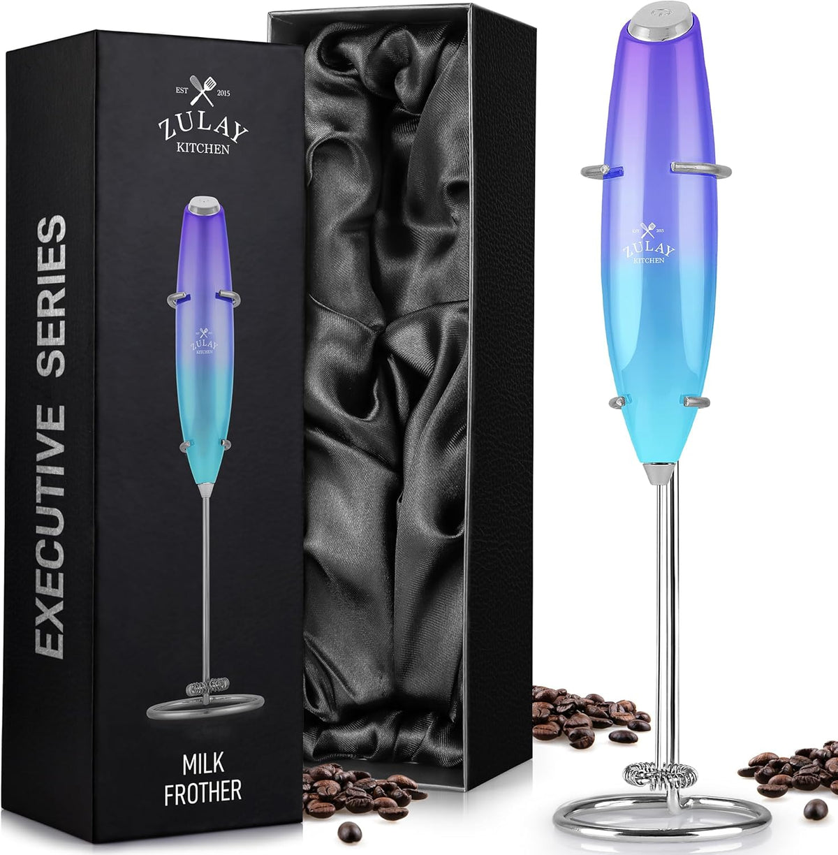 Zulay Executive Series Ultra Premium Gift Milk Frother - Coffee Frother Handheld Foam Maker For Lattes - Electric Milk Frother Handheld For Coffee - Purple Teal Fade w Silver OG Stand