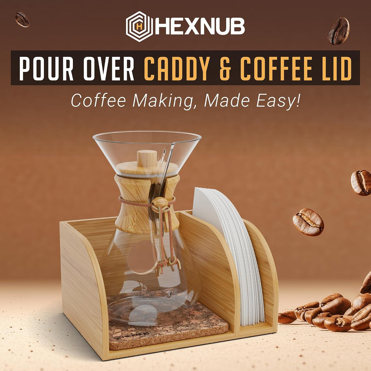 HEXNUB – Caddy and Lid for Pour Over Coffee Maker, Bamboo Stand fits Chemex, Bodum, Cosori Coffee Carafes, Heatproof Mat, Filter Holder for Drip Coffee Maker - Cork Mat