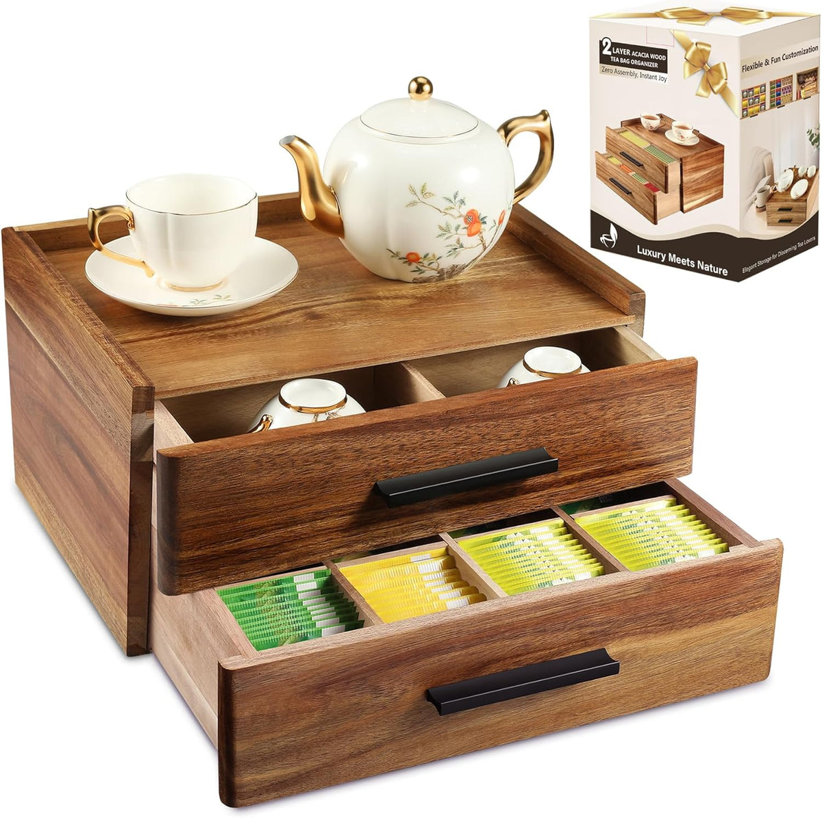 Double-Drawer Acacia Wood Tea Bag Organizer - Tea Box with Drawer, Tea Accessories for Tea Organizers and Storage Box, Tea Station Chest Caddy for Countertop Cabinet Office (16-Compartment, Gift Box)