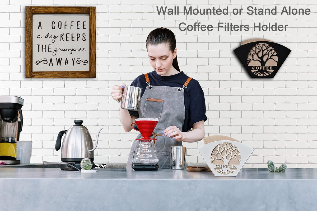 Stylish Coffee Filter Holder with Iron Fan Shape Evenly Spread out Filters, Coffee Filter Rack with Tree of Life Decor Upgrade Your Coffee Enjoyment, Perfect for Home or Office Use (Black)