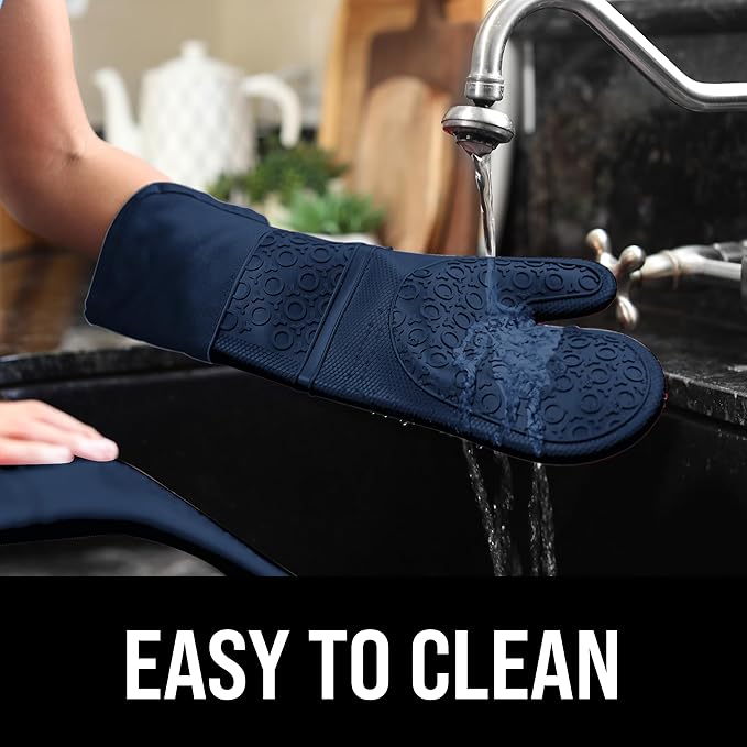 BPA-Free Soft Silicone Oven Mitts - Ultra Heat Resistant Oven Mitts with Thick Cotton Liner - Extra Long Slip Resistant Pot Holders, Flexible Oven Gloves - Navy 14.7"