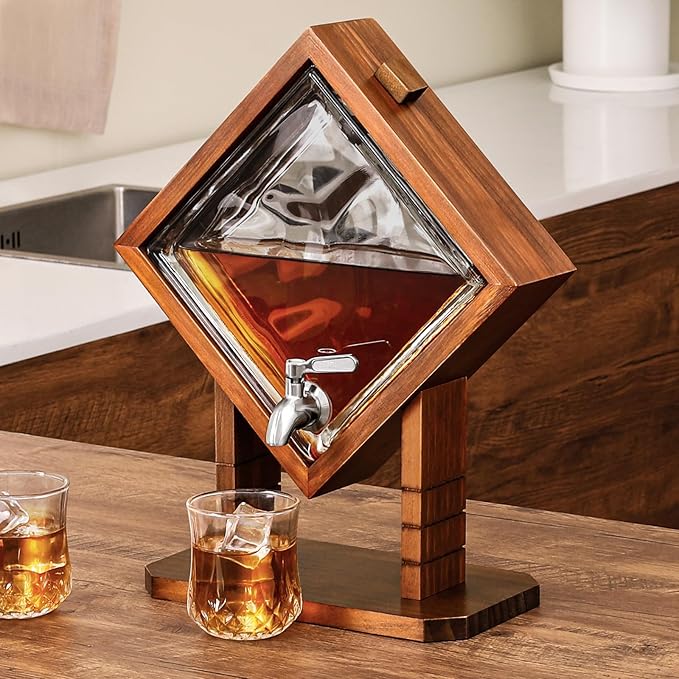 Whiskey Decanter with Wood Stand, Liquor Dispenser for Home Bar and Mancave Decor, Unique Birthday Christmas Gift for Men Dad and Whiskey Lovers, Bourbon Scotch Tequila